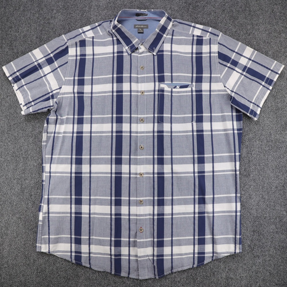 Eddie Bauer Mens Classic Fit Plaid Button Down‎ Short Sleeve Blue White TXL